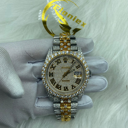 ROLEX DATEJUST MOISSANITE WATCH WITH ROMAN DIAL – TWO-TONE GOLD AND DIAMOND BEZEL EDITION