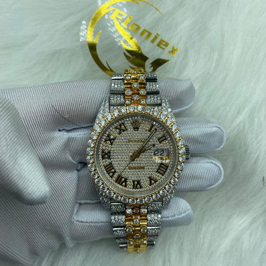 ROLEX DATEJUST MOISSANITE WATCH WITH ROMAN DIAL – TWO-TONE GOLD AND DIAMOND BEZEL EDITION
