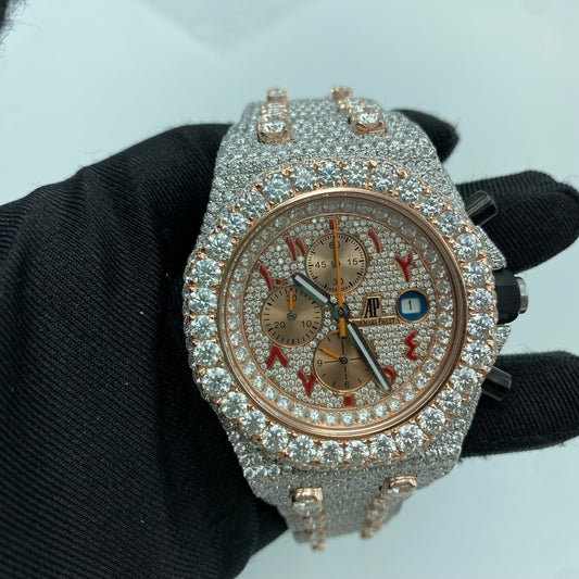 AUDEMARS PIGUET ROYAL OAK MOISSANITE WATCH WITH RED ARABIC DIAL – FULL ICED ROSE GOLD DETAIL EDITION