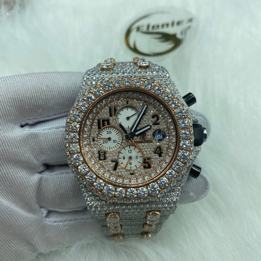 AUDEMARS PIGUET ROYAL OAK MOISSANITE WATCH WITH ARABIC DIAL – FULL ICED TWO-TONE
