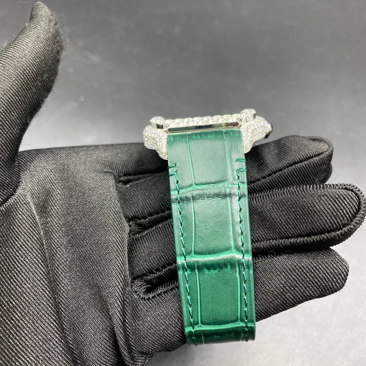 CARTIER SANTOS MOISSANITE WATCH WITH EMERALD GREEN DIAL – GREEN LEATHER STRAP EDITION