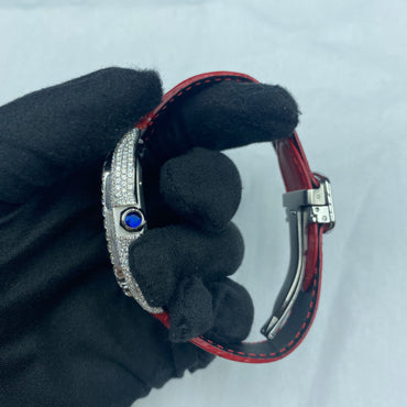 CARTIER SANTOS MOISSANITE WATCH WITH ROMAN NUMERAL DIAL – RED LEATHER STRAP EDITION