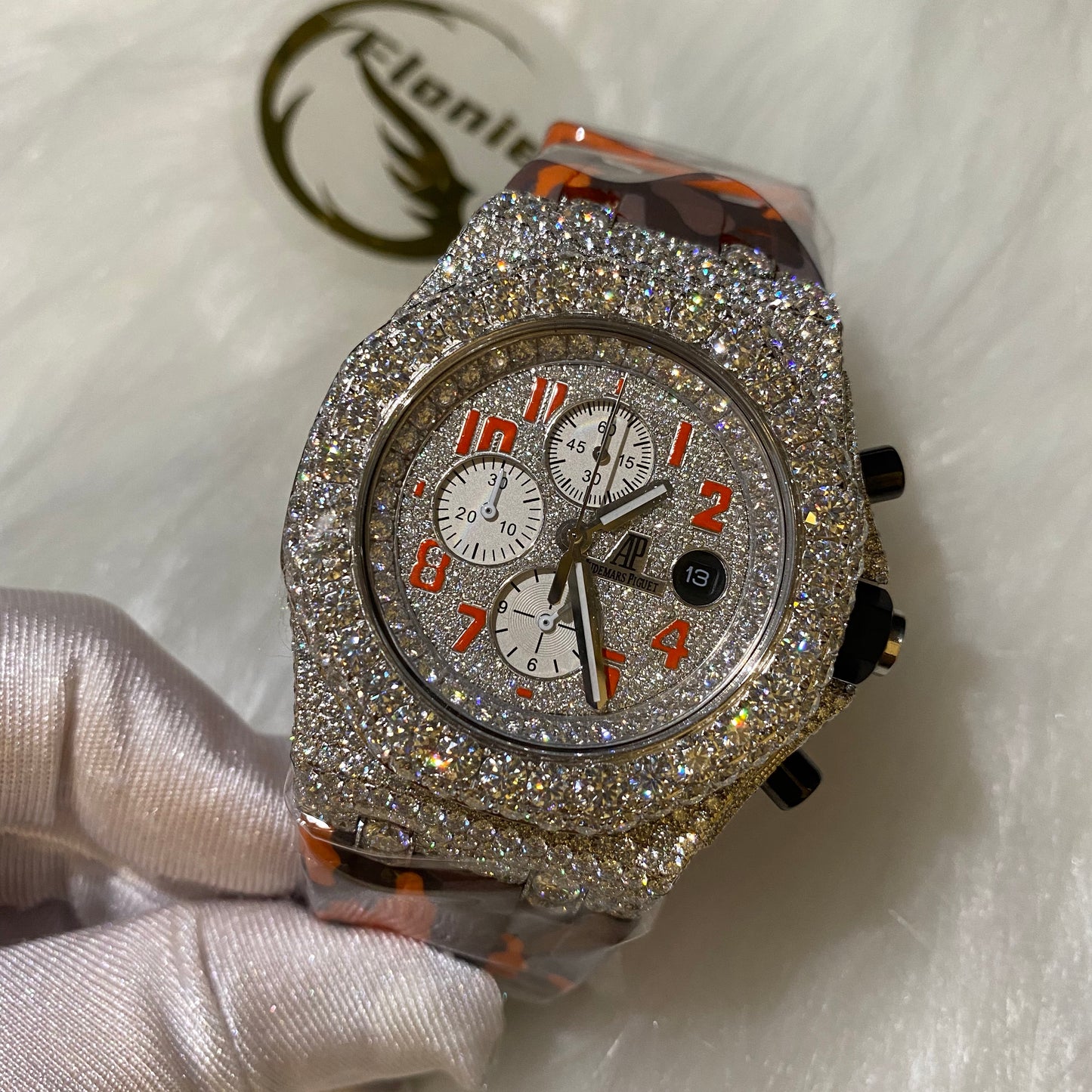 AUDEMARS PIGUET ROYAL OAK MOISSANITE – ORANGE DIAL WITH CAMO STRAP