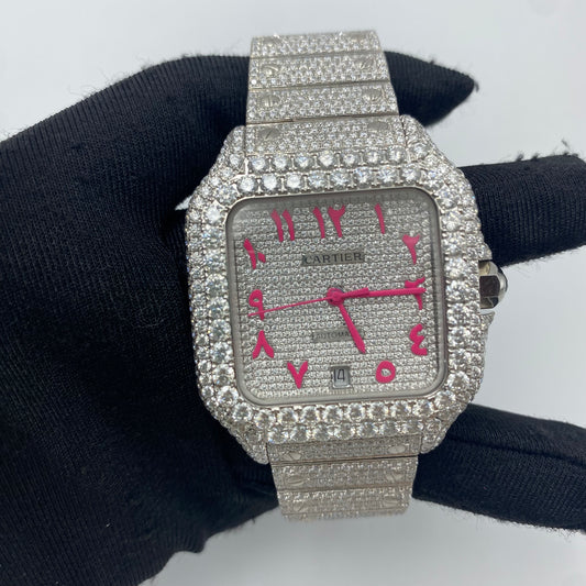 CARTIER SANTOS MOISSANITE WATCH WITH PINK ARABIC DIAL – FULLY ICED OUT EDITION