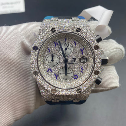 AUDEMARS PIGUET ROYAL OAK MOISSANITE WATCH WITH ARABIC DIAL – FULL ICED SILVER EDITION WITH CAMOUFLAGE STRAP