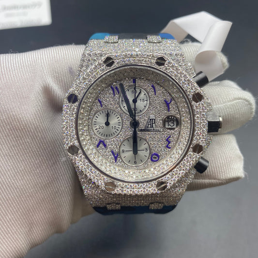 AUDEMARS PIGUET ROYAL OAK MOISSANITE WATCH WITH ARABIC DIAL – FULL ICED SILVER EDITION WITH CAMOUFLAGE STRAP