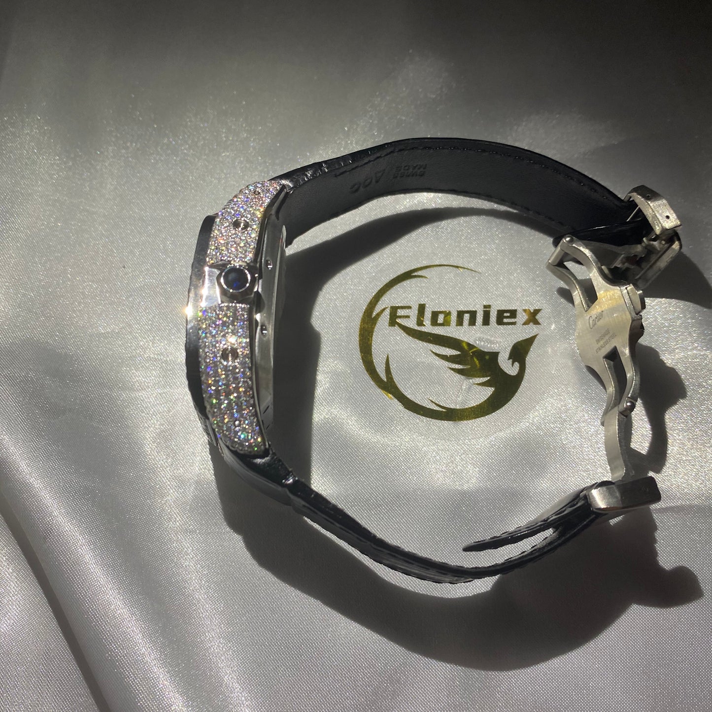 CARTIER SANTOS CHRONOGRAPH WATCH WITH ROMAN DIAL – BLACK LEATHER & DIAMOND BEZEL EDITION