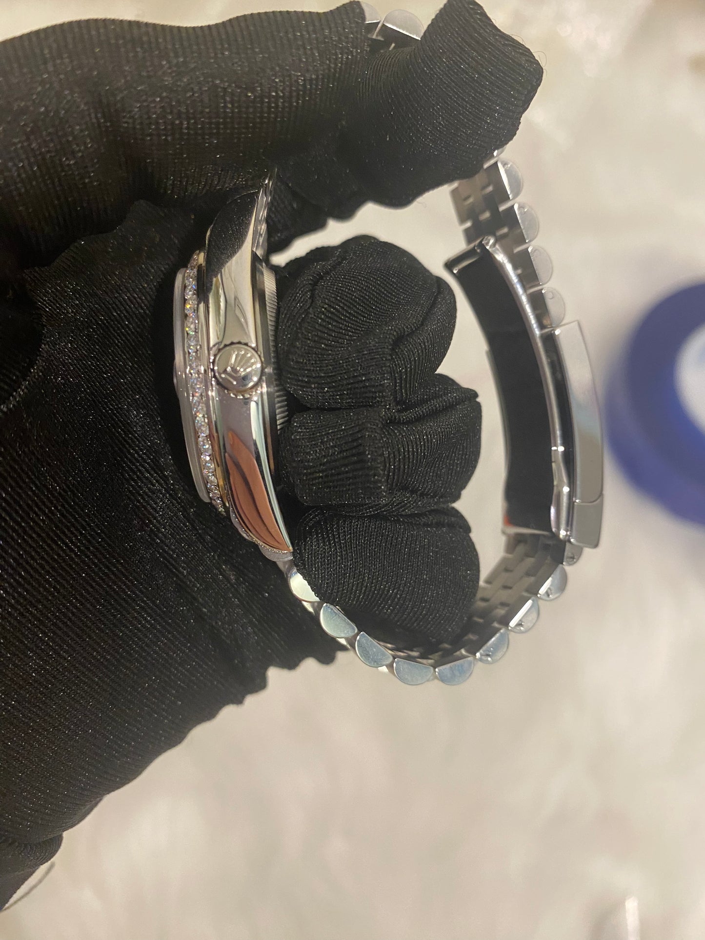 ROLEX DATEJUST MOISSANITE WATCH WITH PINK DIAL –  ICED BEZEL EDITION