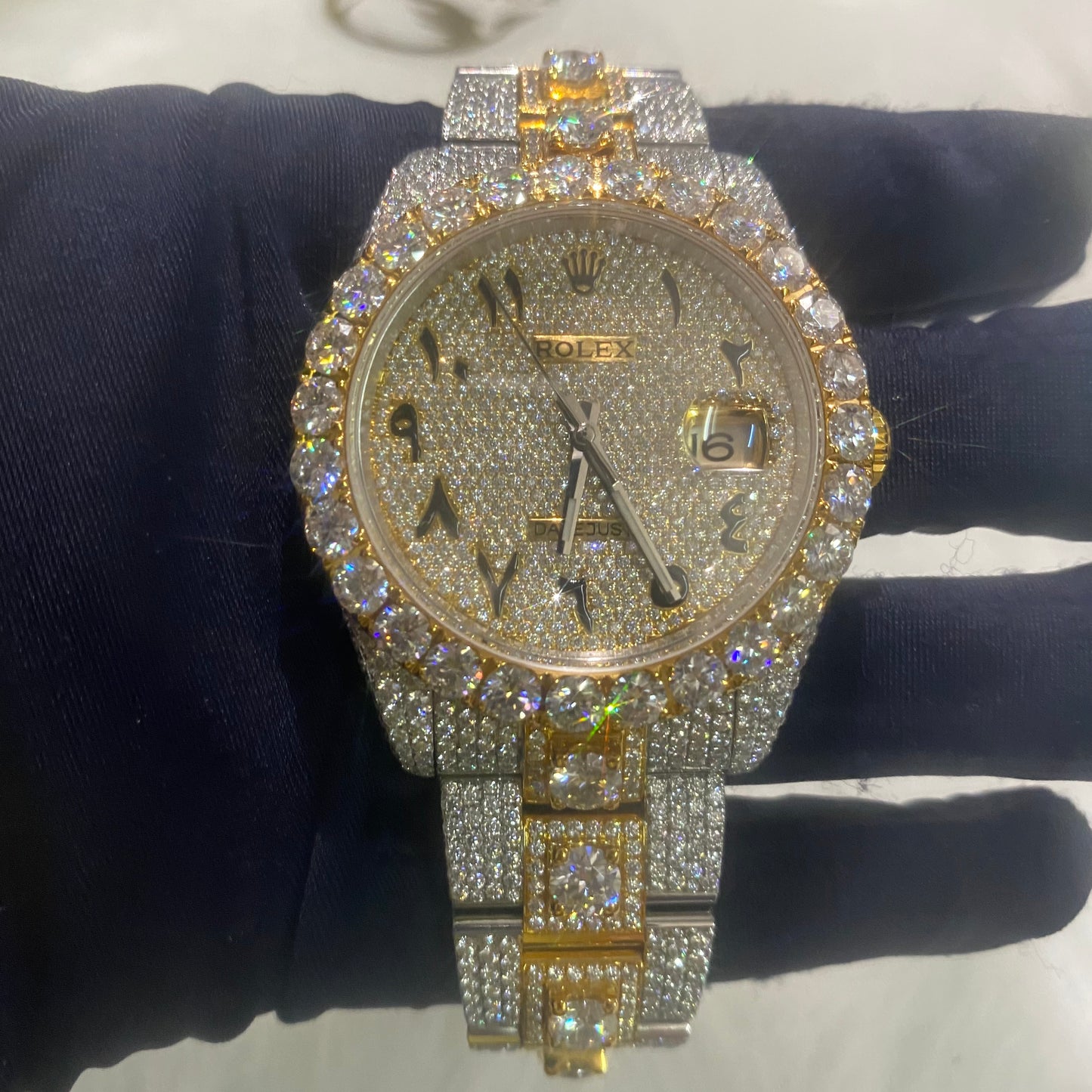 ROLEX DATEJUST MOISSANITE WATCH WITH ARABIC DIAL – TWO-TONE GOLD BEZEL & FULLY ICED OUT