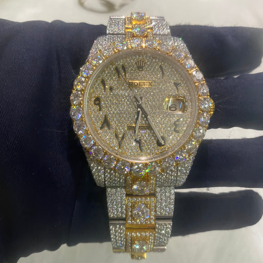 ROLEX DATEJUST MOISSANITE WATCH WITH ARABIC DIAL – TWO-TONE GOLD BEZEL & FULLY ICED OUT