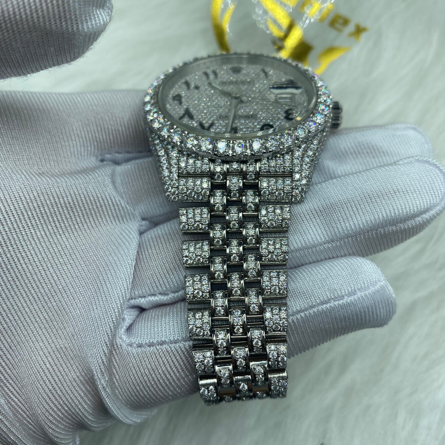 ROLEX DATEJUST MOISSANITE WATCH WITH ARABIC DIAL – FULL SILVER ICED OUT EDITION