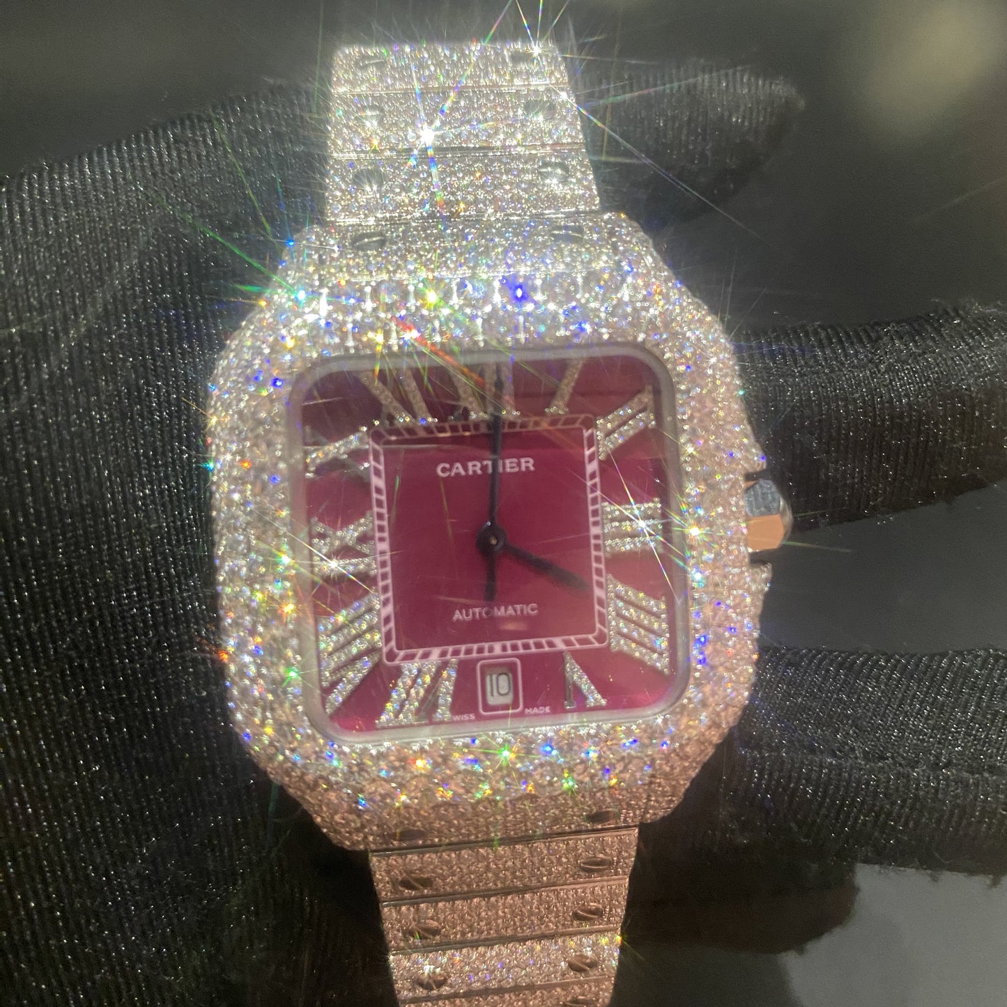 CARTIER SANTOS MOISSANITE WATCH WITH BORDEAUX DIAL – DIAMOND ROMAN NUMERAL EDITION