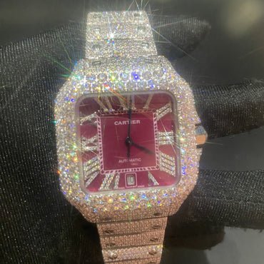 CARTIER SANTOS MOISSANITE WATCH WITH BORDEAUX DIAL – DIAMOND ROMAN NUMERAL EDITION
