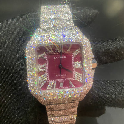 CARTIER SANTOS MOISSANITE WATCH WITH BORDEAUX DIAL – DIAMOND ROMAN NUMERAL EDITION