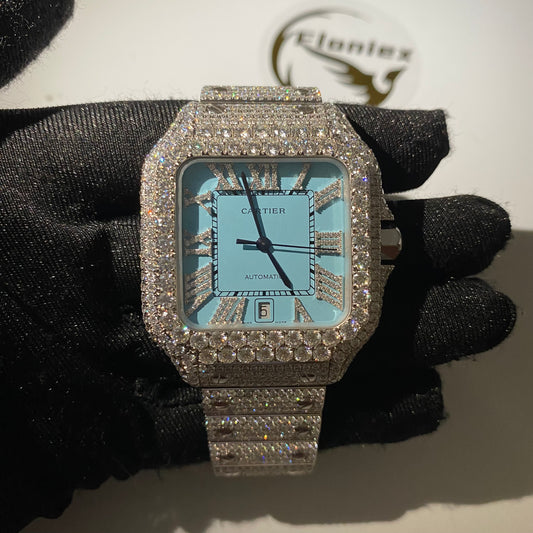 CARTIER SANTOS MOISSANITE WATCH WITH LIGHT BLUE DIAL – FULL ICED OUT