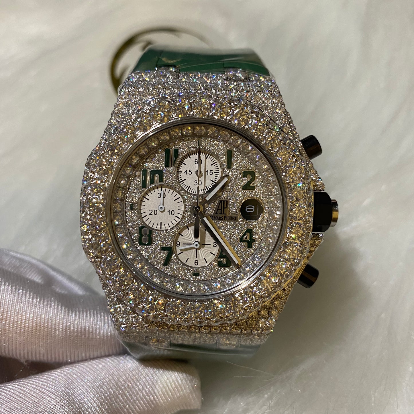 AUDEMARS PIGUET ROYAL OAK MOISSANITE – SILVER DIAL WITH GREEN CAMO STRAP
