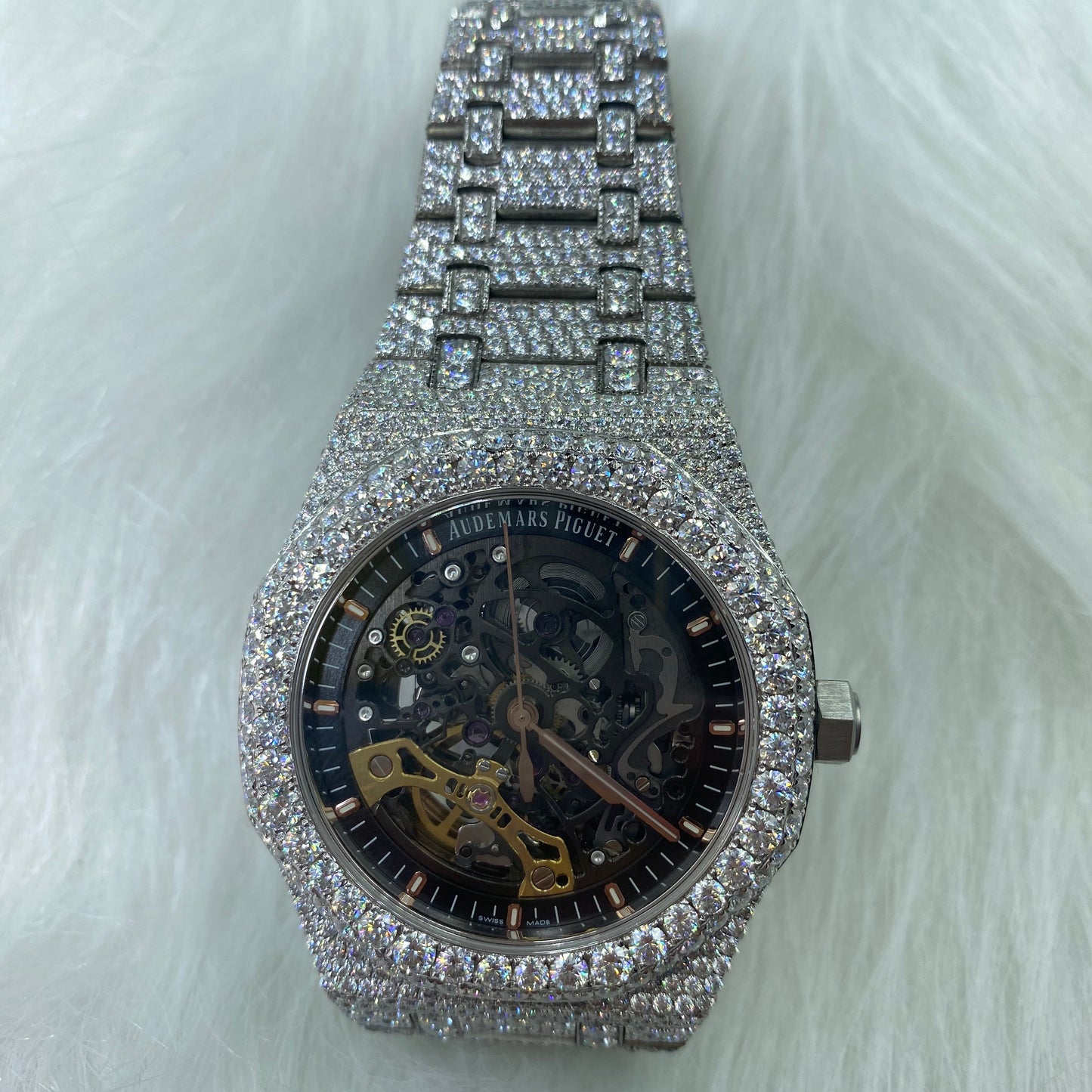 AUDEMARS PIGUET ROYAL OAK MOISSANITE – FULL ICED SILVER SKELETON DIAL EDITION