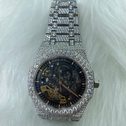 AUDEMARS PIGUET ROYAL OAK MOISSANITE – FULL ICED SILVER SKELETON DIAL EDITION