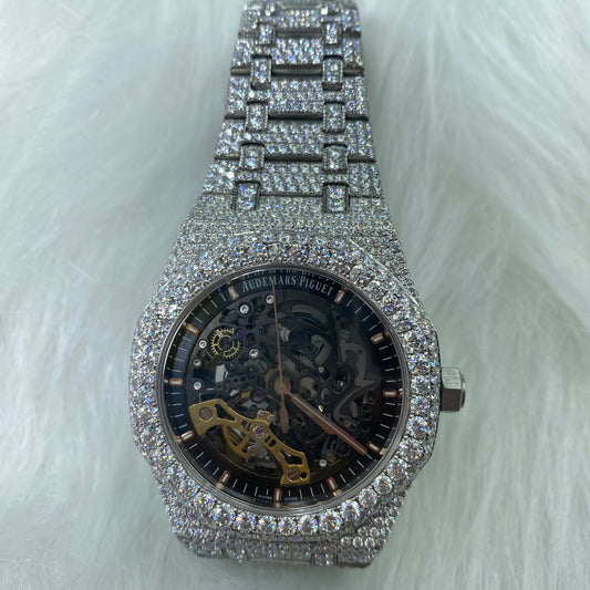 AUDEMARS PIGUET ROYAL OAK MOISSANITE – FULL ICED SILVER SKELETON DIAL EDITION