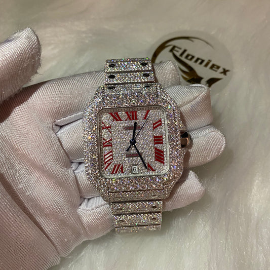 CARTIER SANTOS MOISSANITE WATCH WITH RED ROMAN DIAL – FULLY ICED OUT SILVER EDITION