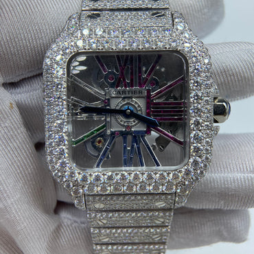 CARTIER SANTOS MOISSANITE WATCH WITH MULTICOLOR SKELETON DIAL – FULLY ICED OUT EDITION