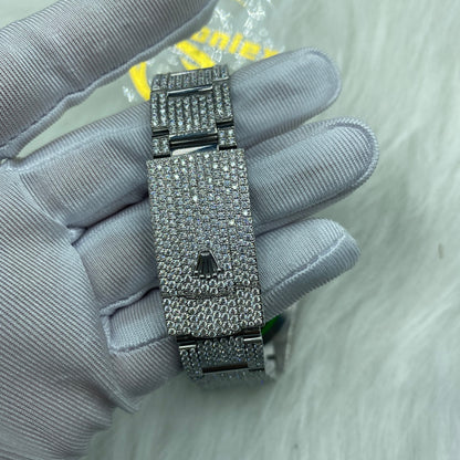 ROLEX DATEJUST MOISSANITE WATCH WITH BLACK ROMAN NUMERAL DIAL – FULL SILVER ICED OUT EDITION