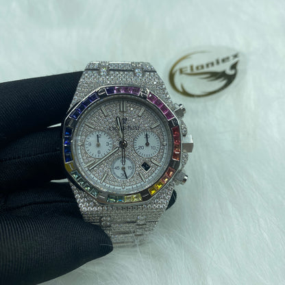 AUDEMARS PIGUET ROYAL OAK MOISSANITE WATCH WITH RAINBOW BEZEL – FULL ICED