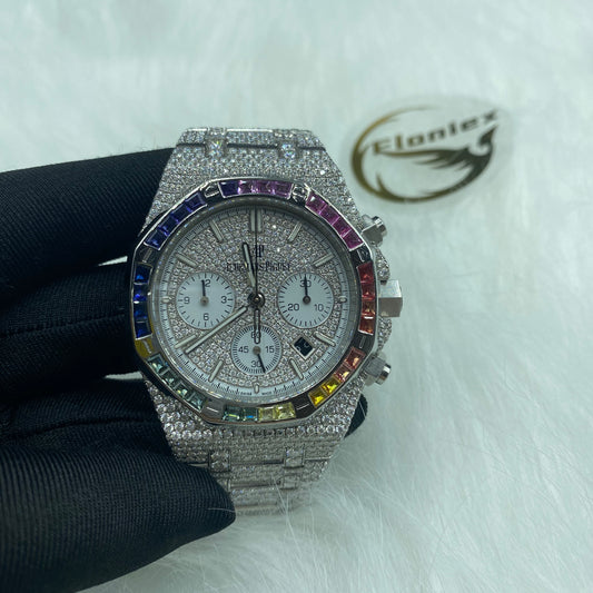 AUDEMARS PIGUET ROYAL OAK MOISSANITE WATCH WITH RAINBOW BEZEL – FULL ICED