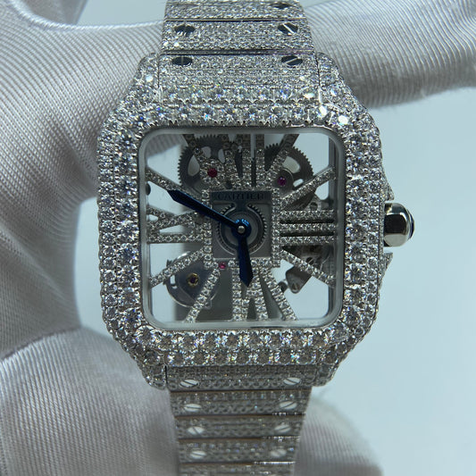 CARTIER SANTOS MOISSANITE WATCH WITH SKELETON DIAL – FULLY ICED OUT FINISH