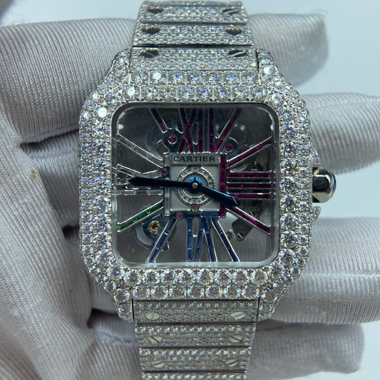 CARTIER SANTOS MOISSANITE WATCH WITH MULTICOLOR SKELETON DIAL – FULLY ICED OUT EDITION