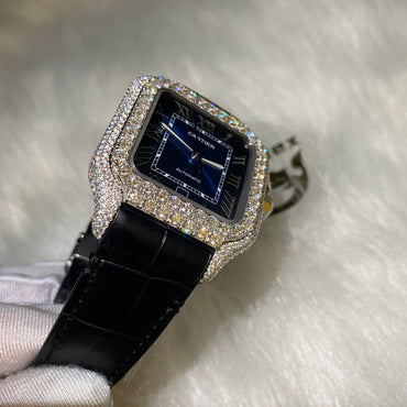 CARTIER SANTOS MOISSANITE WATCH WITH BLUE ROMAN DIAL – BLACK LEATHER STRAP EDITION