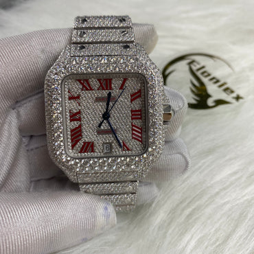 CARTIER SANTOS MOISSANITE WATCH WITH RED ROMAN DIAL – FULLY ICED OUT SILVER EDITION