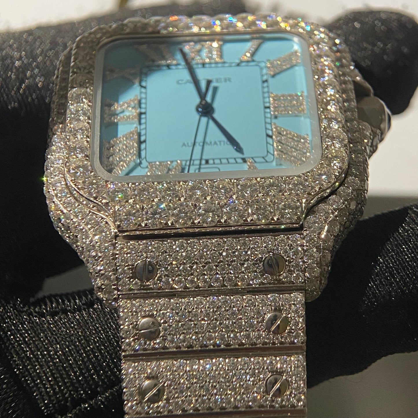 CARTIER SANTOS MOISSANITE WATCH WITH LIGHT BLUE DIAL – FULL ICED OUT