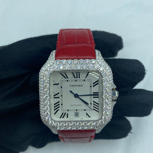 CARTIER SANTOS MOISSANITE WATCH WITH ROMAN NUMERAL DIAL – RED LEATHER STRAP EDITION