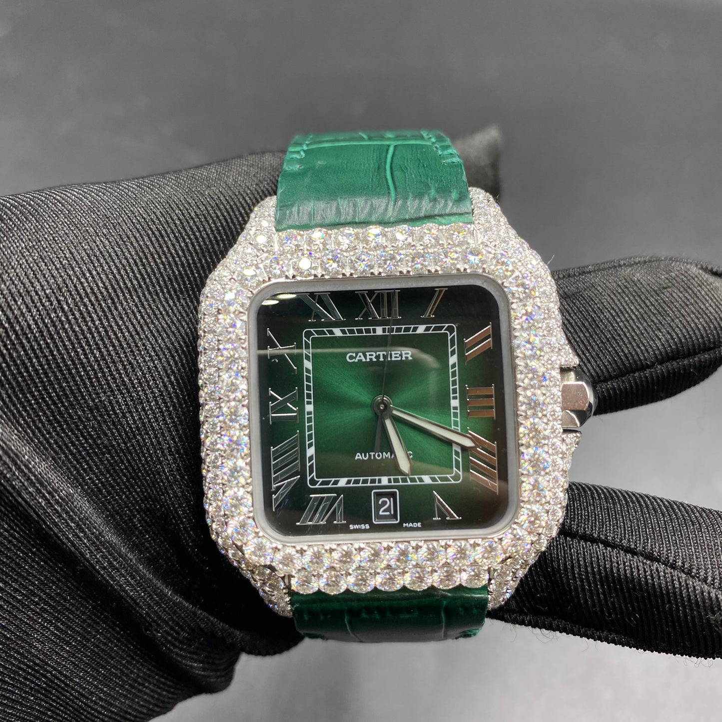 CARTIER SANTOS MOISSANITE WATCH WITH EMERALD GREEN DIAL – GREEN LEATHER STRAP EDITION