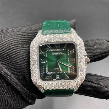 CARTIER SANTOS MOISSANITE WATCH WITH EMERALD GREEN DIAL – GREEN LEATHER STRAP EDITION