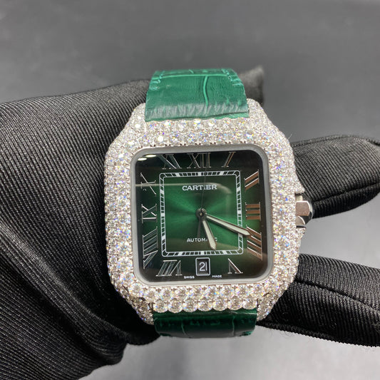 CARTIER SANTOS MOISSANITE WATCH WITH EMERALD GREEN DIAL – GREEN LEATHER STRAP EDITION