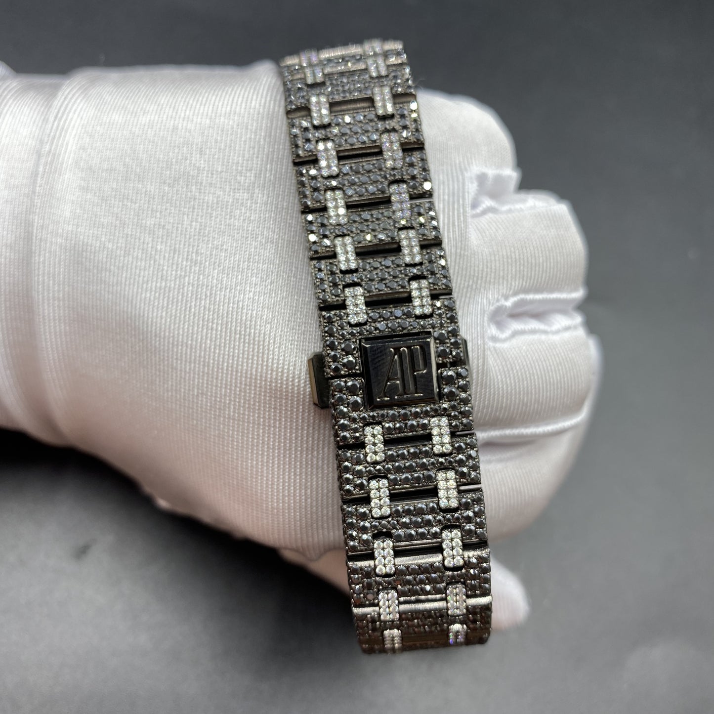AUDEMARS PIGUET ROYAL OAK MOISSANITE WATCH WITH BLACK DIAL – FULL ICED TWO-TONE EDITION