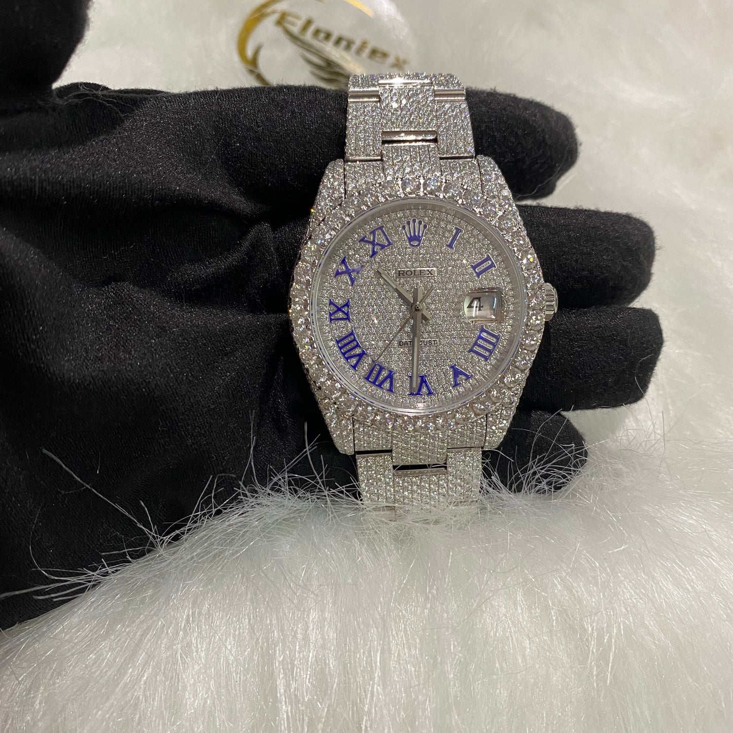 ROLEX DATEJUST MOISSANITE WATCH WITH BLUE ROMAN DIAL – FULL ICED SILVER EDITION