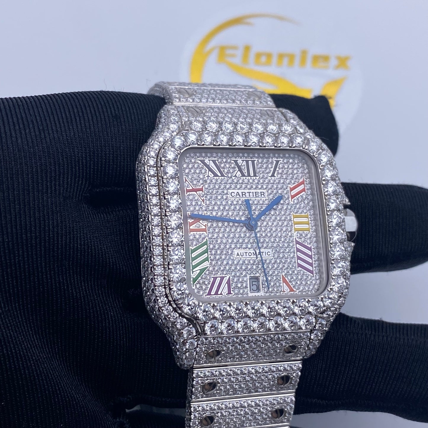 CARTIER SANTOS MOISSANITE WATCH WITH MULTICOLOR ROMAN NUMERAL DIAL – FULL ICED OUT
