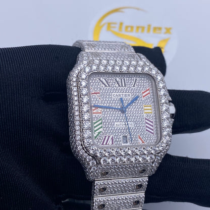 CARTIER SANTOS MOISSANITE WATCH WITH MULTICOLOR ROMAN NUMERAL DIAL – FULL ICED OUT
