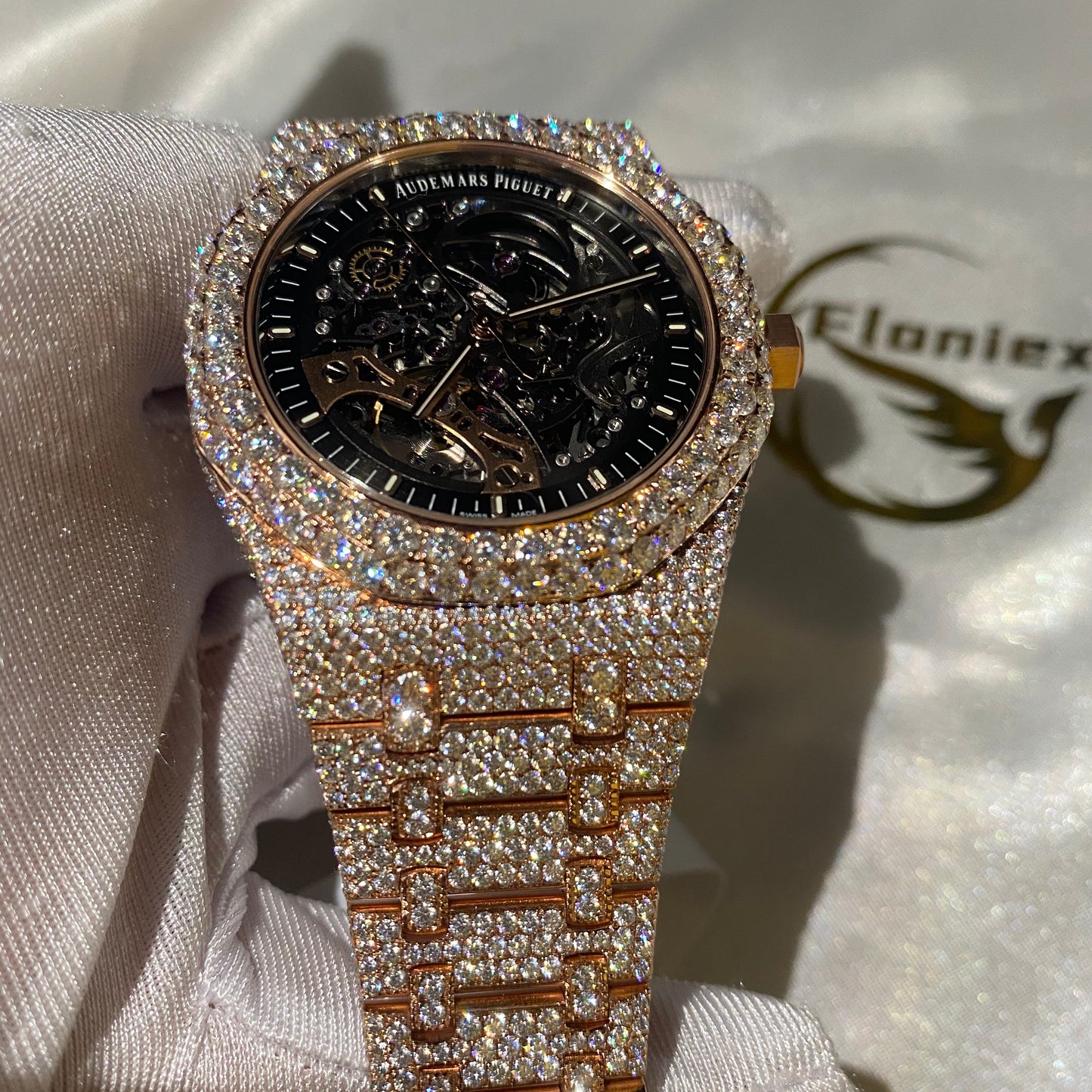 AUDEMARS PIGUET ROYAL OAK MOISSANITE – ROSE GOLD SKELETON FULL ICED