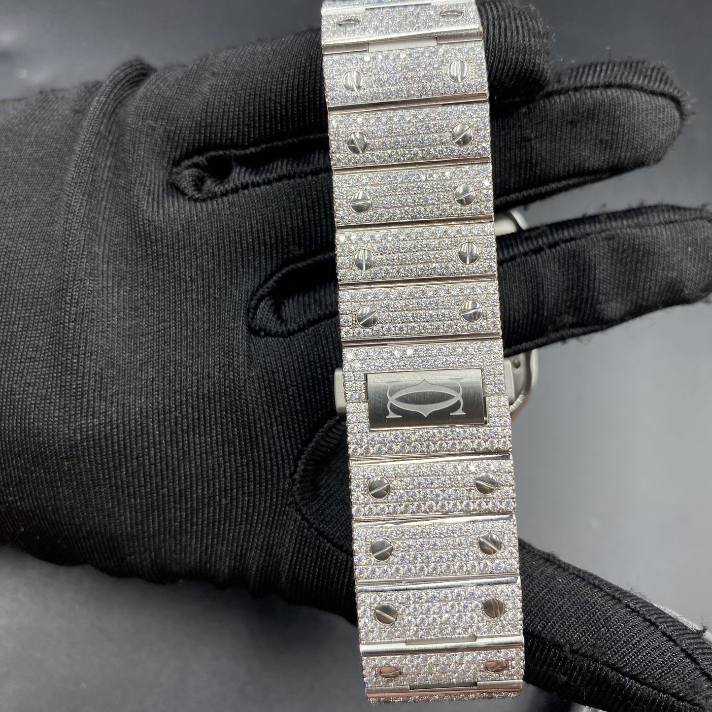 CARTIER SANTOS MOISSANITE WATCH WITH BORDEAUX DIAL – DIAMOND ROMAN NUMERAL EDITION