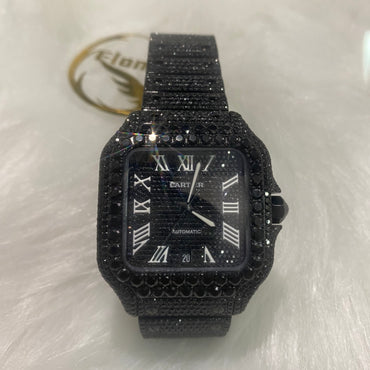 CARTIER SANTOS MOISSANITE WATCH WITH ROMAN NUMERAL DIAL – FULL BLACK EDITION
