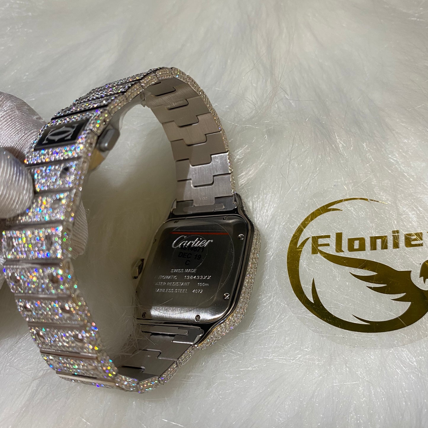 CARTIER SANTOS MOISSANITE WATCH WITH BLUE SUNBURST DIAL – DIAMOND ROMAN NUMERAL EDITION