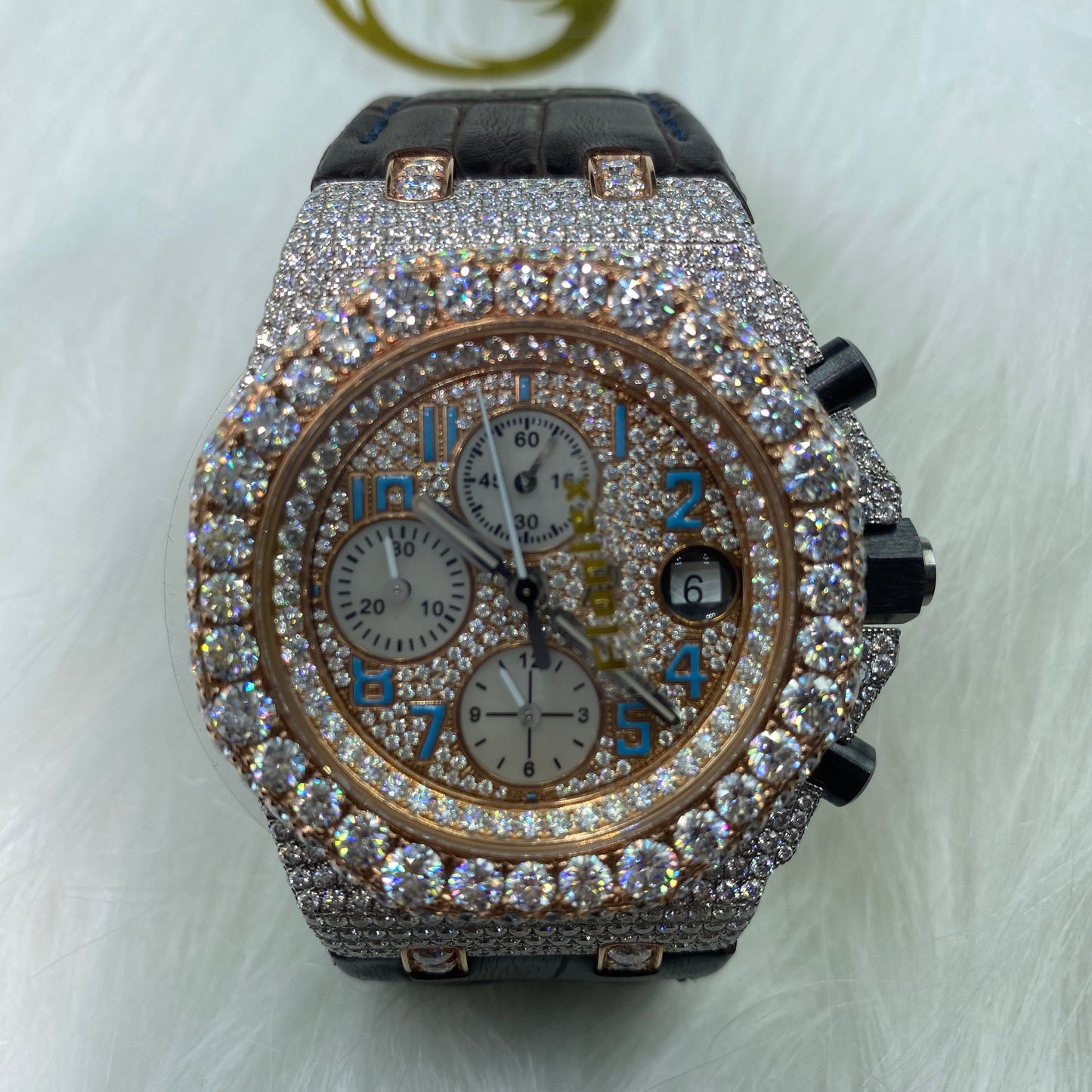 AUDEMARS PIGUET ROYAL OAK MOISSANITE – BLUE DIAL ROSE GOLD WITH LEATHER STRAP