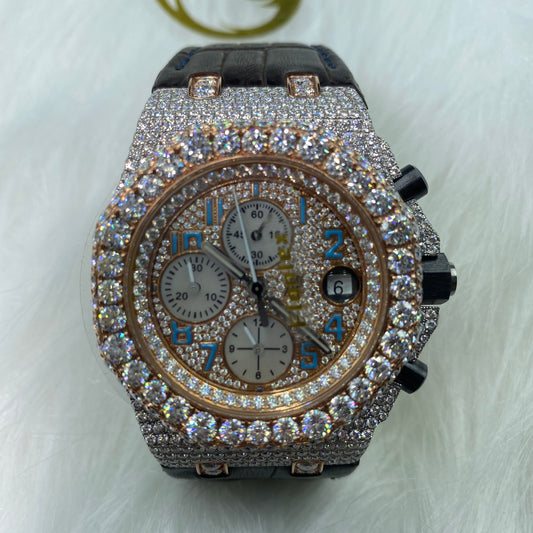 AUDEMARS PIGUET ROYAL OAK MOISSANITE – BLUE DIAL ROSE GOLD WITH LEATHER STRAP
