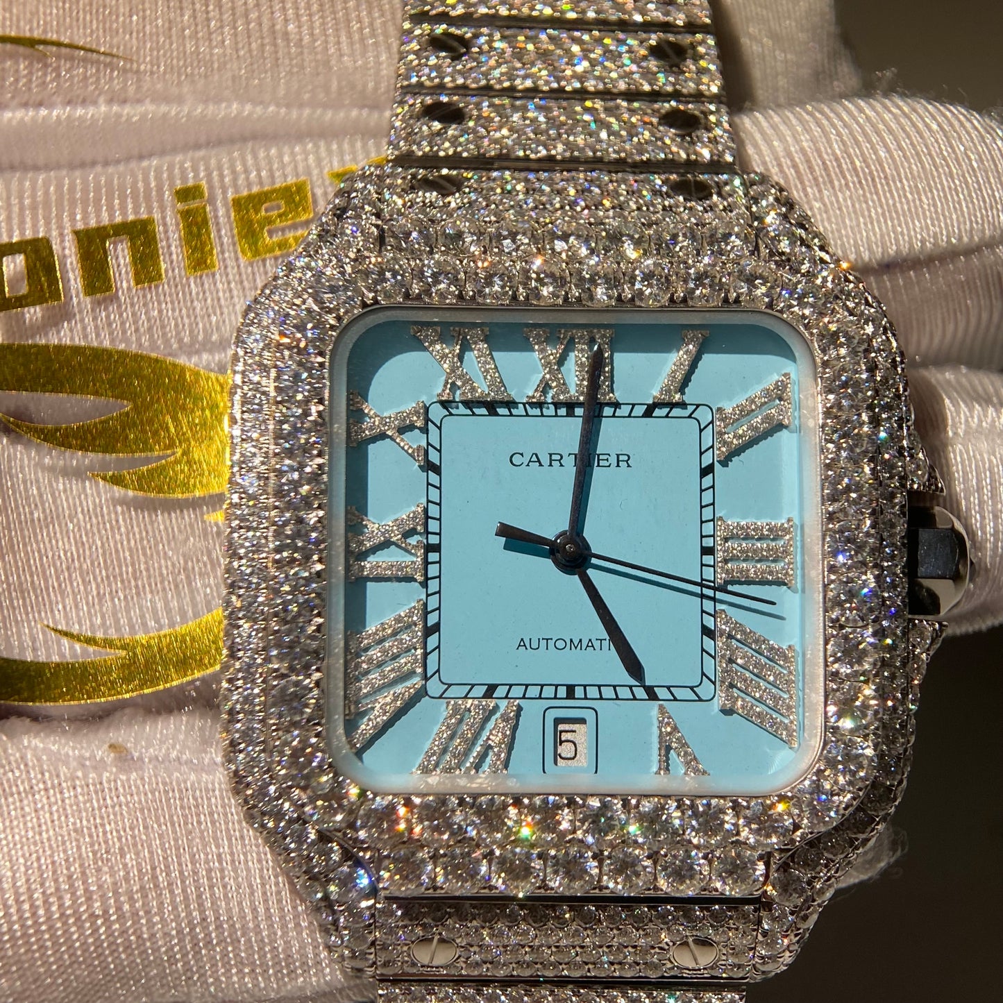 CARTIER SANTOS MOISSANITE WATCH WITH LIGHT BLUE DIAL – FULL ICED OUT
