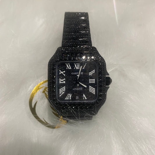 CARTIER SANTOS MOISSANITE WATCH WITH ROMAN NUMERAL DIAL – FULL BLACK EDITION