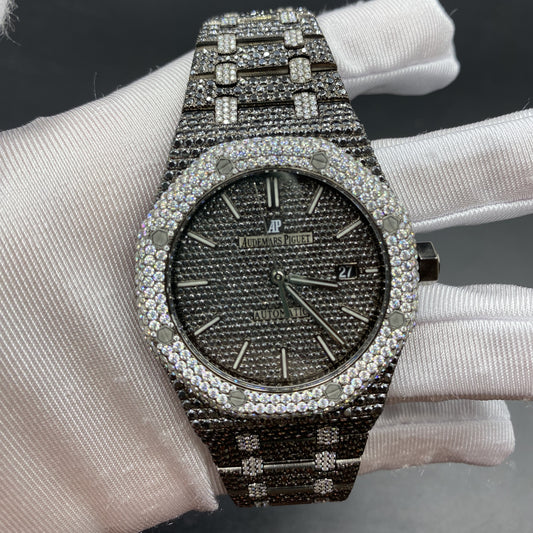 AUDEMARS PIGUET ROYAL OAK MOISSANITE WATCH WITH BLACK DIAL – FULL ICED TWO-TONE EDITION